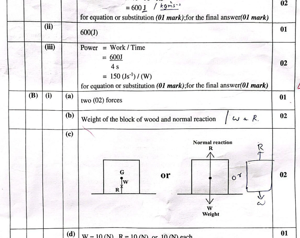 O/L Science marking scheme 2024 excerpt showing marks for equation or substitution and for the final answer